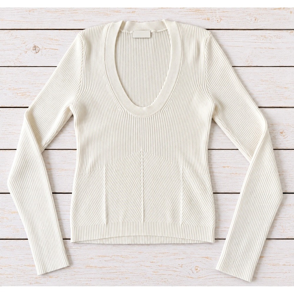 Abercrombie & Fitch Sweater Ribbed Scoop Neck Long Sleeve Cream White Medium